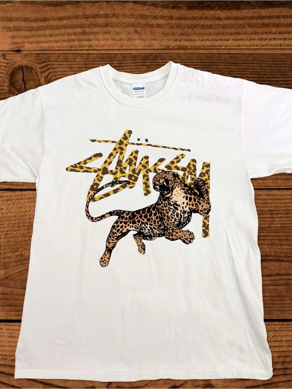 Leopard Graphic Gildan White Tee Women Casual